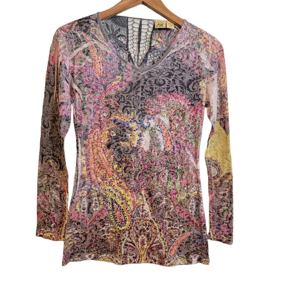 OB‎ Ocean Beach Top Paisley Design Textured Studded Crochet Back Medium